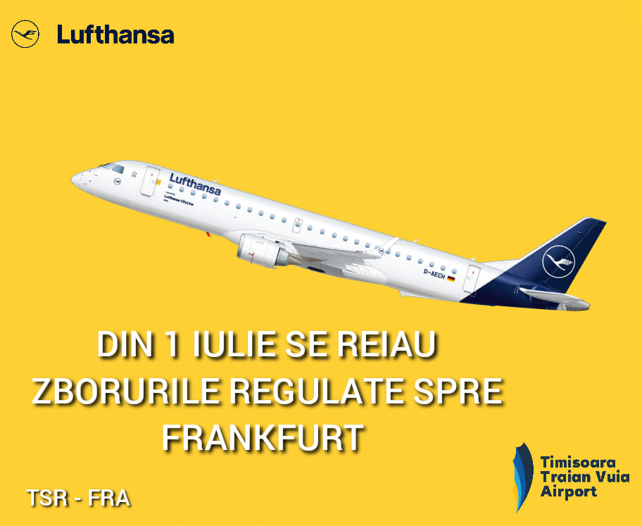 Aeroportul International Timisoara : Vor fi reluate zborurile regulate din Timișoara spre Frankfurt